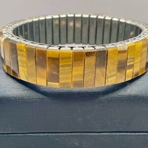 Vintage Tiger’s Eye Stone Stretch Bracelet Bangle. Silver Tone